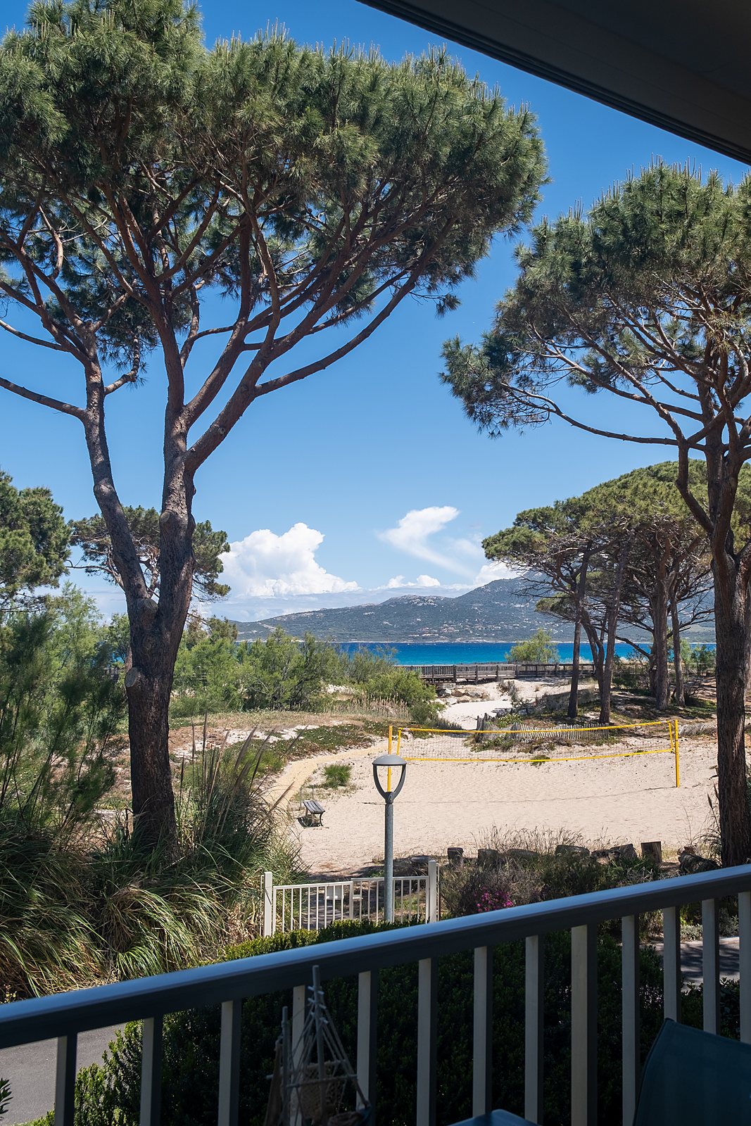 Blick vom Balkon durch Pinien auf Strand, Meer und Berge